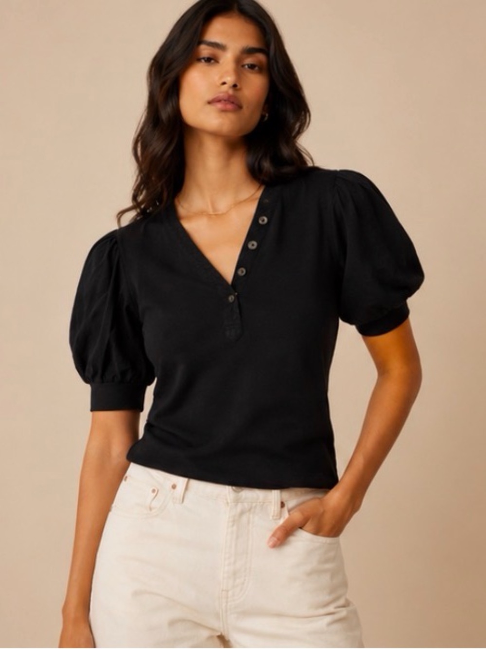 Chico’s Black Puff Sleeve Ribbed Top Size 1 Medium